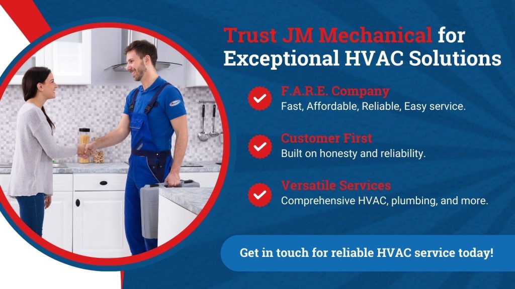 This is an image of an HVAC tech from JM Mechanical shaking hands with a homeowner. The headline reads; Trust JM Mechanical for exceptional HVAC Solutions.